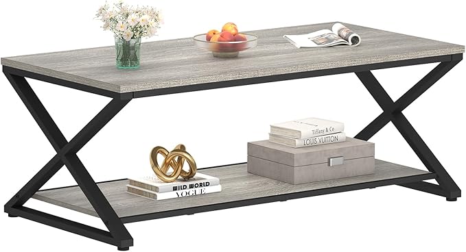 HSH Coffee Table with Storage, Farmhouse Grey Living Room Center Table, Industrial Wood and Metal Rectangle Coffee Tables, Simple Rustic 2 Tie Cocktail Tea Table for Home Office Bedroom, 47 Inch