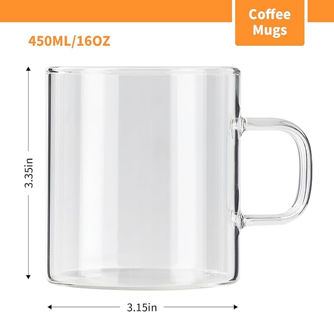 Glass Coffee Mugs Set of 4, 10 oz/300ml Large Coffee Mug, Wide Mouth Mugs with Clear Handle, Mocha Hot Beverage, Glass Cup Set for Hot or Cold