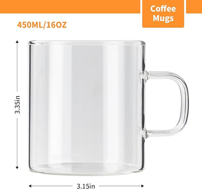 Glass Coffee Mugs Set of 4, 10 oz/300ml Large Coffee Mug, Wide Mouth Mugs with Clear Handle, Mocha Hot Beverage, Glass Cup Set for Hot or Cold