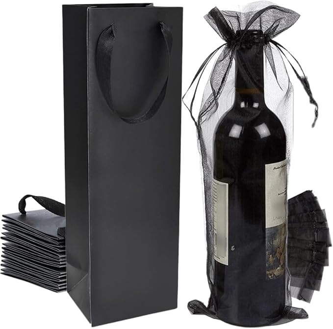 YUBONCE 60-Pack Black Wine Gift Bag With Organza Bottle Bags, Kraft Paper Tote Bags for Whiskey/Spirits, Reusable