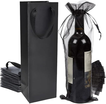 YUBONCE 60-Pack Black Wine Gift Bag With Organza Bottle Bags, Kraft Paper Tote Bags for Whiskey/Spirits, Reusable