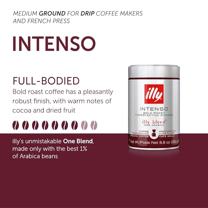 Illy Intenso Ground Drip Coffee, Bold Roast, Intense, Robust And Full Flavored With Notes Of Deep Cocoa, 100% Arabica Coffee, No Preservatives, 8.8oz (Pack Of 1)