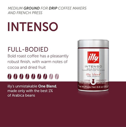 Illy Intenso Ground Drip Coffee, Bold Roast, Intense, Robust And Full Flavored With Notes Of Deep Cocoa, 100% Arabica Coffee, No Preservatives, 8.8oz (Pack Of 1)