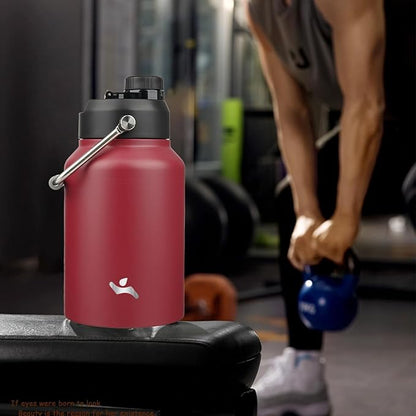 Half Gallon Jug with Handle,64 oz Insulated Water Bottle with Carrying Pouch,Double Wall Vacuum Stainless Steel Metal Bottle,Dark red