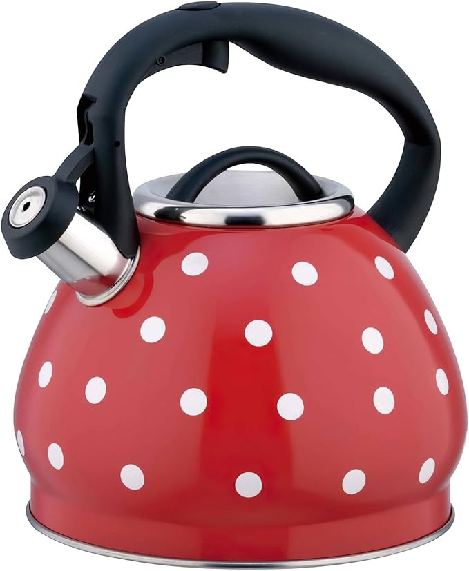 Tea Kettle Stovetop, Whistling Teapot 304 Stainless Steel 3.2 Quart Teakettle, Polka Dot Teapots for Stove Top, Whistle Tea Pot with Cool Touch Ergonomic Handle (Red, 3.2 Quarts)