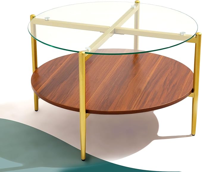Round Glass and Wood Coffee Tables for Living Room, Mid Century Center Table with Clear Glass Top, Solid Brown Storage Shelf and Sturable Gold Legs for Small Space, Office, Department