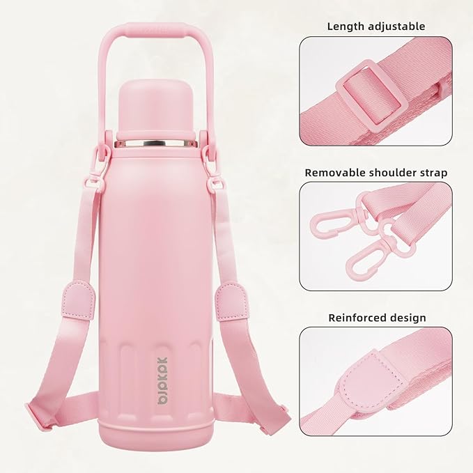 BJPKPK Insulated Water Bottle 50oz Stainless Steel Water Bottles Disherwahser Safe with Handle and Lid Travel Metal Thermal Flask,Light Pink