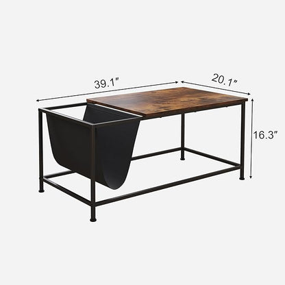 SENIG Brown Rectangle Wood and Metal Coffee Table with Storage Shelf for Small Living Rooms with Pocket