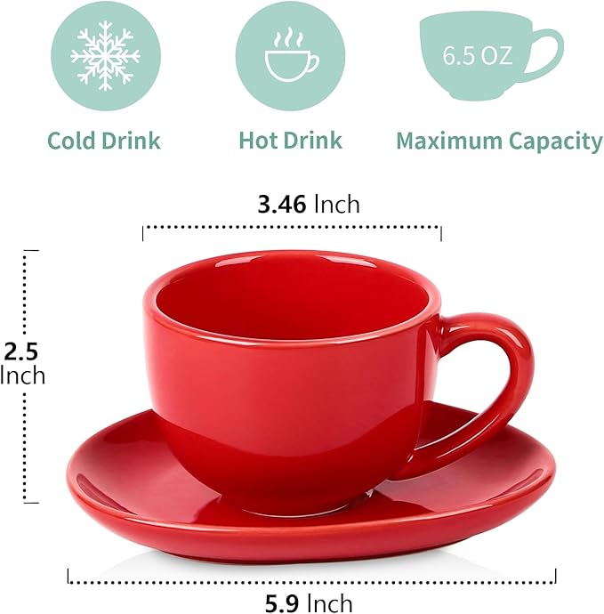 vicrays 6.5 oz Cappuccino Cups with Saucers, Set of 4, Ceramic Coffee Cup for Au Lait, Double shot, Latte, Cafe Mocha, Tea (Red)