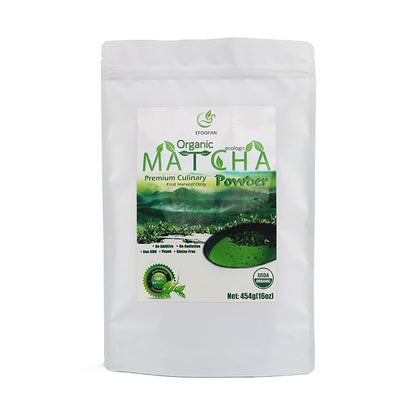 EFOOFAN USDA Organic Matcha Green Tea Powder - Premium Culinary Grade (1lb/16oz) - Rich Tencha Flavor, Antioxidant Polyphenols, Non-GMO, Gluten Free, Naturally Caffeined, Additives Free