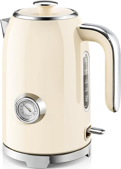 SUSTEAS Electric Kettle - 57oz Hot Tea Kettle Water Boiler with Thermometer, 1500W Fast Heating Stainless Steel Tea Pot, Cordless with LED Indicator, Auto Shut-Off & Boil Dry Protection, Beige