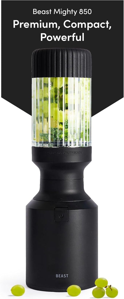 Beast Mighty 850 | Premium Compact Personal Blender | Smoothies, Shakes, Dressings, Sauces, Desserts, Dips | Blends Ice and Frozen Fruit | Includes Extra Lids and Straws | 850W (Carbon Black)