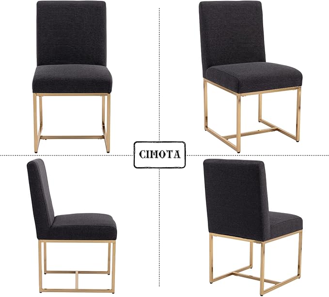 CIMOTA Black Modern Dining Chairs Set of 6, Upholstered Dining Room Chairs Armless Guest Side Chair with Gold Base for Dining Room/Kitchen, Charcoal Black, 6PCS