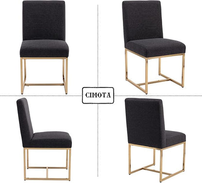 CIMOTA Black Modern Dining Chairs Set of 2, Upholstered Dining Room Chairs Armless Guest Side Chair with Gold Base for Dining Room/Kitchen, Charcoal Black, 2PCS