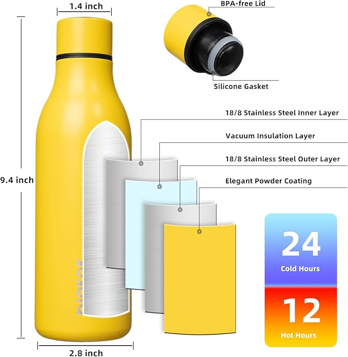BJPKPK Insulated Water Bottles, 18 oz Stainless Steel Metal Water Bottle with Strap, BPA Free Leak Proof Jugs, Mugs, Flasks, Reusable Thermal Flasks for Sports & Travel, Yellow