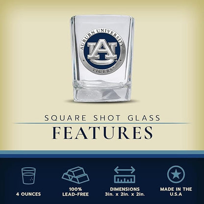 Heritage Pewter University of Auburn Square Shot Glass | Hand-Sculpted 1.5 Ounce Shot Glass | Intricately Crafted Metal Pewter Alma Mater Inlay