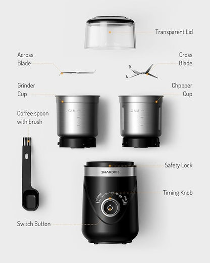 SHARDOR Electric Super Silent Blade Coffee Grinder, Timed Grind Control Rotary Knob, Adjustable Coarse to Fine for Coffee Beans, Spices & Herbs, with 2 Removable Stainless Steel Bowl, Black