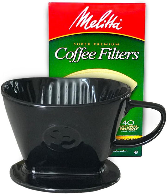 Simply Charmed Coffee Pour Over Single Cup Ceramic Brewer Coffee Maker with Melitta Filters (Black) 8-16 oz Depending on How Much Water/Grounds You Use