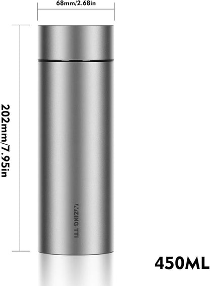 Pure Titanium Water Bottle with Tea Infuser, Double Wall Vacuum Insulated 15oz Titanium Cup for Hot/Cold Drinks, Tea & Coffee, Metal Travel Mug with Gift Box