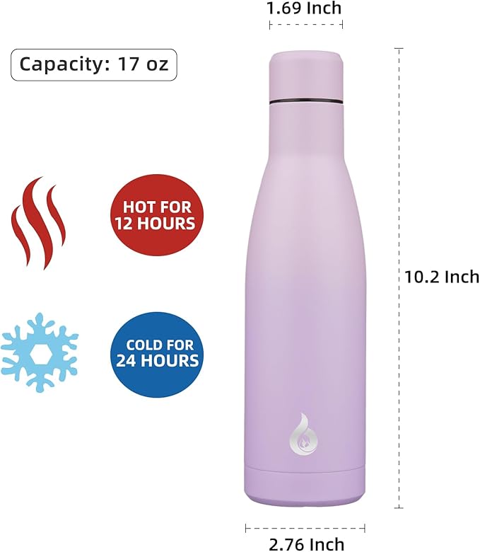 BJPKPK Insulated Water Bottle 17oz Stainless Steel Water Bottles Dishwasher Safe Reusable Metal Thermal Cold and Hot,Dreamy Purple