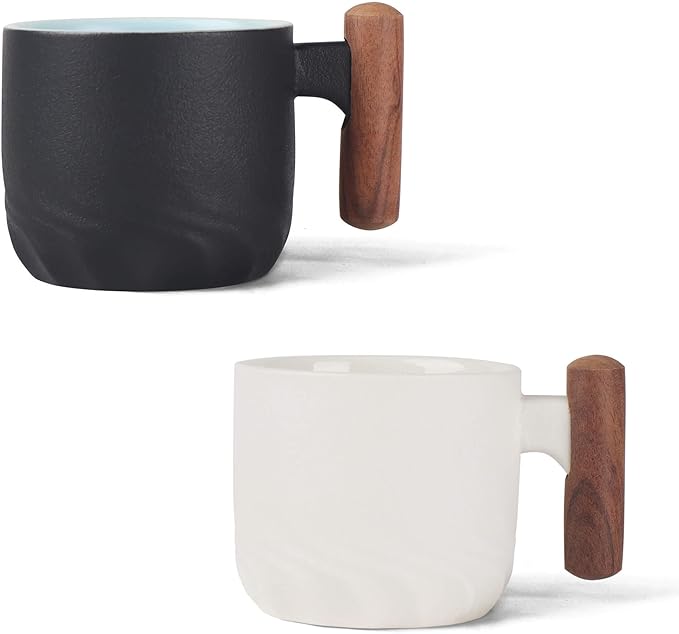 2 oz Ceramic Espresso Cups with Wooden Handle Espresso Cups Set of 2, Small Tea Cups