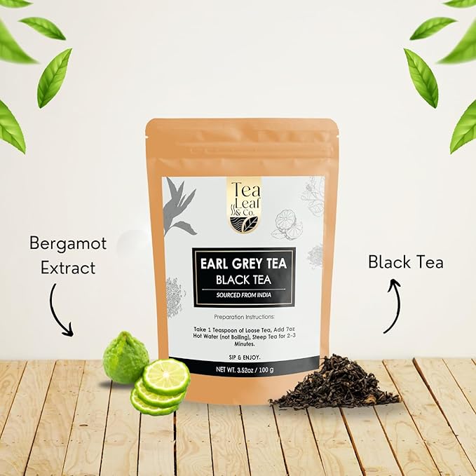 Tealeaf & Co. Earl Grey Black Tea Blended with Bergamot Extract (Loose Leaf Form) - Premium Sweet & Sour Flavored Tea - Contains Low Caffeine - Upto 50 Servings (3.52oz/100gm)