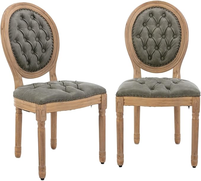 French Country Dining Chairs Set of 2, Vintage Wooden Dining Chairs with PU Leather Upholstered Tufted Seat,Solid Wood Legs&Frame, Farmhouse Kitchen&Living Room Chairs(Pine Green,2 Pcs)