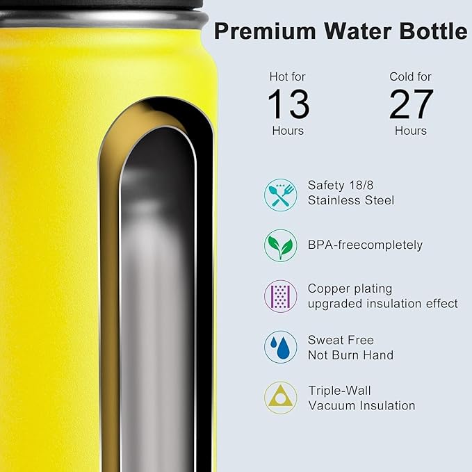 koodee Insulated Water Bottle, 18 oz Stainless Steel Double Wall Vacuum Wide Mouth Sport Water Bottle with Leakproof Spout Lid (Yellow)