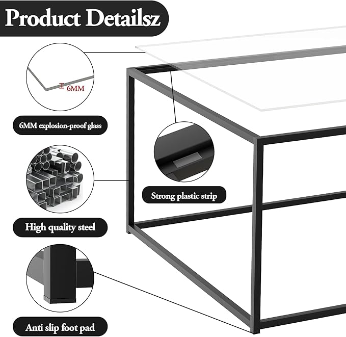 Black Glass Coffee Table for Living Room,Square Coffee Tables for Small Spaces,Simple Tea Cocktail Modern Center Tables, Living Room Tables,Easy Assembly,26 * 26in（Black & Clear Glass）