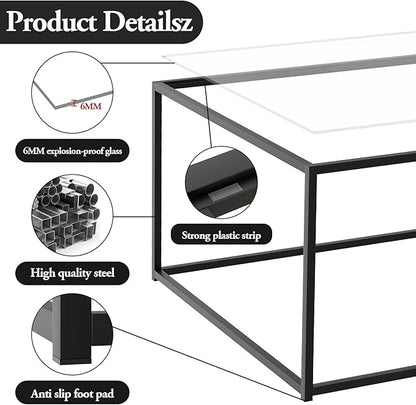 Black Glass Coffee Table for Living Room,Square Coffee Tables for Small Spaces,Simple Tea Cocktail Modern Center Tables, Living Room Tables,Easy Assembly,26 * 26in（Black & Clear Glass）