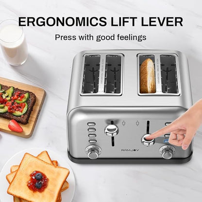 Toaster 4 Slice, Dual Independent Controls, Extra Wide Slot Toasters for Bagel, Bread, Waffles, 7 Shade Settings, 4 Main Functions, Removable Crumb Tray, 1500 Watts, Brushed Stainless Steel