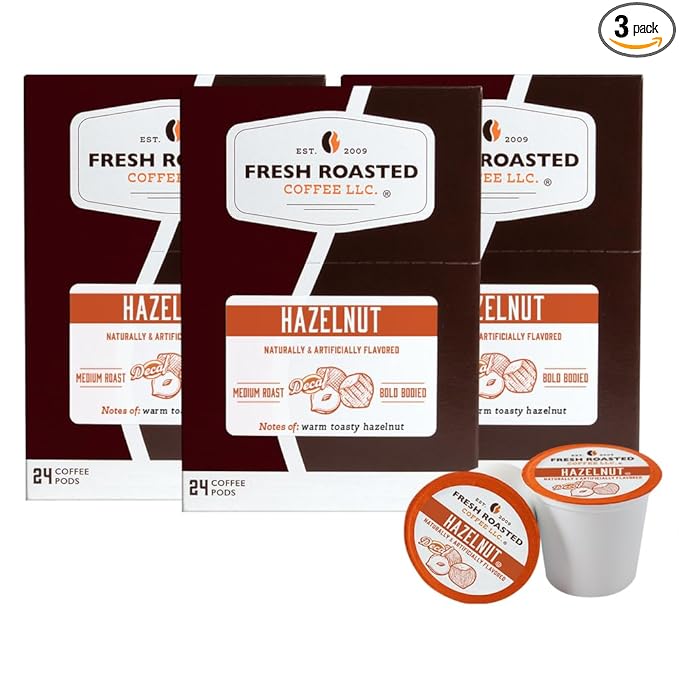 Fresh Roasted Coffee, Decaf Hazelnut, Flavored Coffee Pods, 72 Count