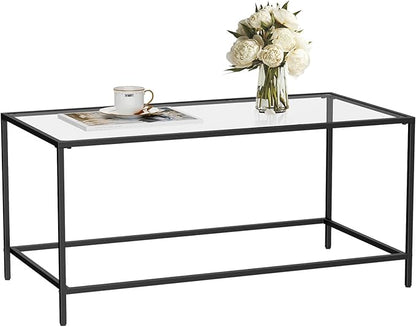 Glass Coffee Table, Modern Rectangular Coffee Table for Living Room, Minimalist Center Tea Table with Sturdy Metal Frame for Apartment, Office, Easy Assembly, 39.4 x 19.7 x 17.7 Inches, Black