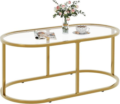 Coffee Table Gold Glass Coffee Tables for Living Room, Oval Table Center Table with Sturdy Metal Frame,Modern Tempered Glass Accent Tables for Bedroom Home Office