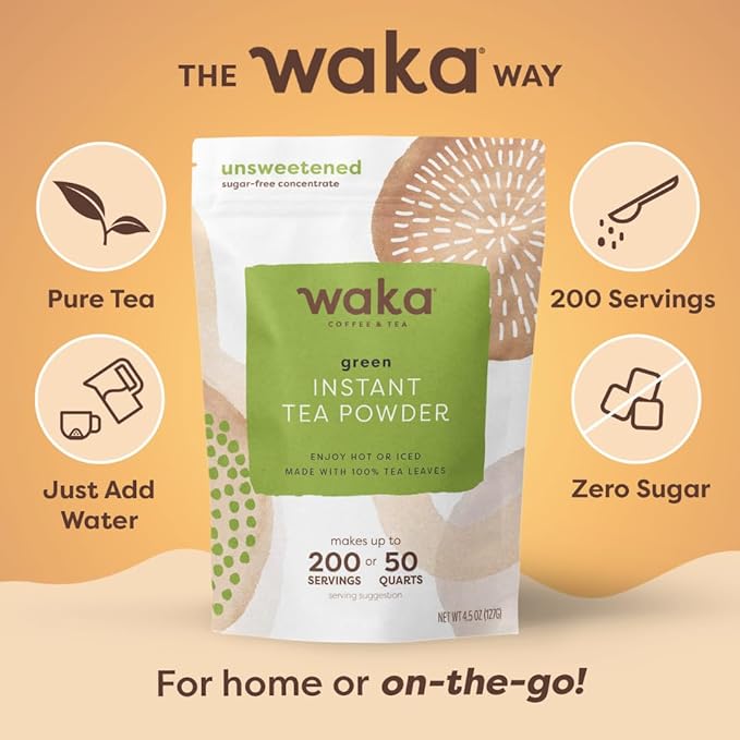Waka Instant Green Tea Mix, Classic - 100% Tea Leaves, No Additives, Unsweetened Tea Powder for 50 Quarts or 200 Cups – Easy Quick Hot and Iced Teas (4.5oz)