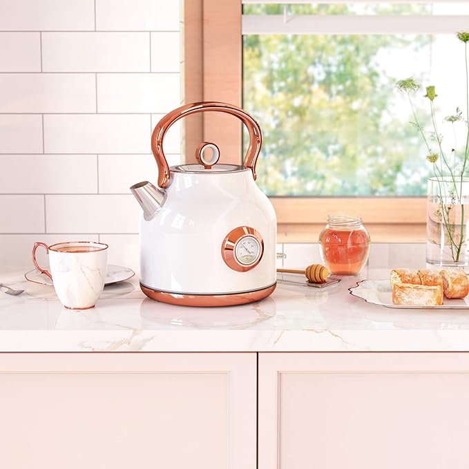 Retro Electric Kettle, 1.7L Stainless Steel Tea Kettle with Large Temperature Gauge, 1500W Fast Heating Hot Water Boiler with LED Indicator, Auto Shut-off & Boil-Dry Protection-Reteo White