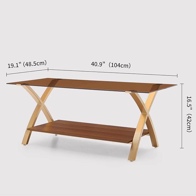 Coffee Table for Living Room and Bedroom, 2-Tier Mid-Century Modern Table with Amber Tempered Glass Top and Walnut Finish Wood Shelf, Strong Metal Legs with Gold Finish