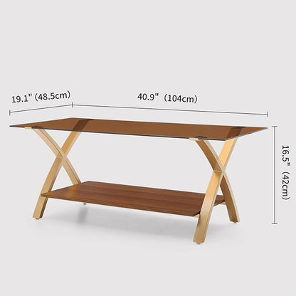 Coffee Table for Living Room and Bedroom, 2-Tier Mid-Century Modern Table with Amber Tempered Glass Top and Walnut Finish Wood Shelf, Strong Metal Legs with Gold Finish