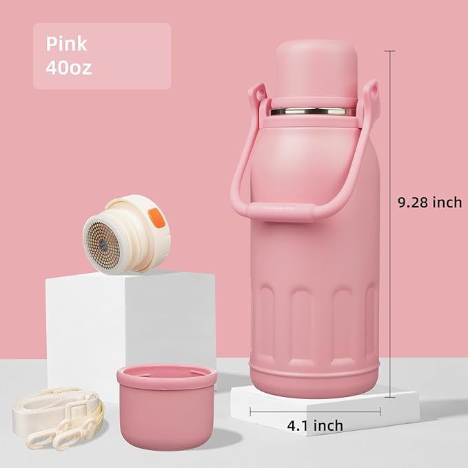 Insulated Water Bottle with Handle and Strap,Vacuum Travel Tumbler with Cup Lid,Thermo Coffee Cup for Hot Cold Drinks 40 OZ,Pink