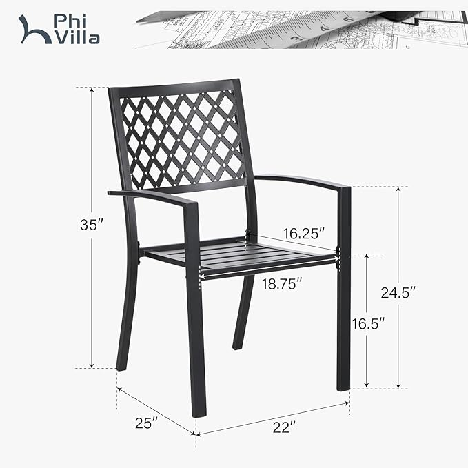 PHI VILLA Outdoor Dining Chairs Set of 2, Stackable Black Metal Wrought Iron Chairs, All Weather Dining Furniture for Patio, Deck, Proch, Backyard