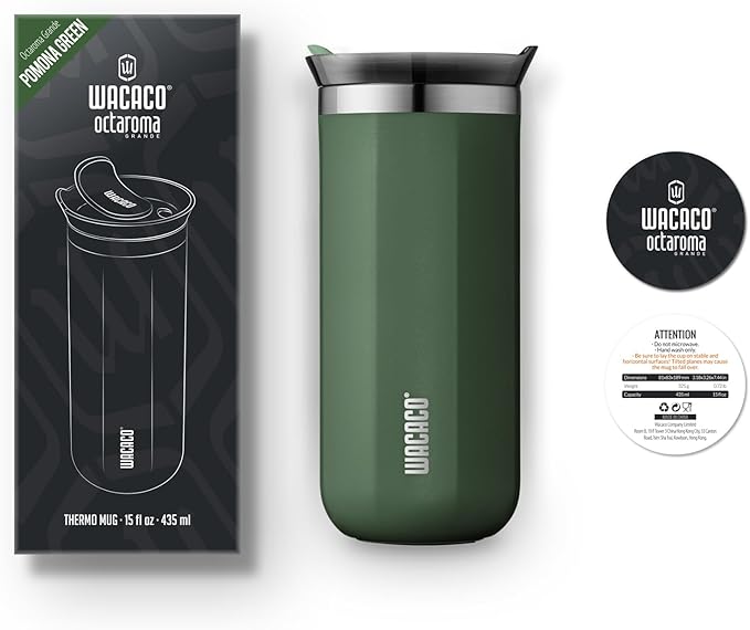 WACACO Octaroma Grande Vacuum Insulated Coffee Mug, 15 fl oz (435ml), Double-wall Stainless Steel Travel Tumbler With Drinking Lid, Pomona Green