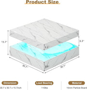 White Marble LED Coffee Table for Living Room, Living Room Table 2-Tier Square Middle Center Table, Modern Coffee Tables with Storage, Contemporary Wood Tea Tables for Dining Reception