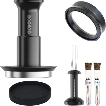 BOOKOO 3-in-1 Espresso Tamper 58.5mm Espresso Distribution Tool Magnetic Dosing Funnel with Spring Loaded Sound Feedback 304 Stainless Steel WDT Tool Espresso Stirrer Needle Coffee Tamper Set