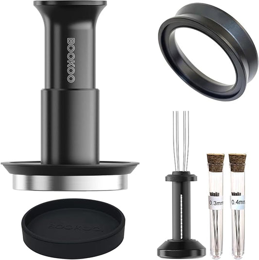 BOOKOO 3-in-1 Espresso Tamper 58.5mm Espresso Distribution Tool Magnetic Dosing Funnel with Spring Loaded Sound Feedback 304 Stainless Steel WDT Tool Espresso Stirrer Needle Coffee Tamper Set