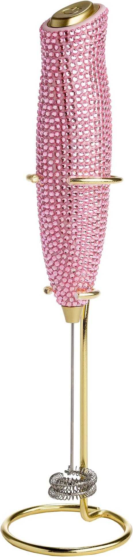 Paris Hilton Electric Rhinestone Handheld Milk Frother with Double Coil Head Whisk and Gold Metal Stand, Battery Powered (2 AA Batteries Required but Not Included), Pink