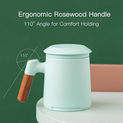 ZENS Tea Cup with Infuser and Lid for Loose Leaf Steeping, 16.9oz Embossed Ceramic Tea Infuser Mug, Wood Handle Tea Diffuser, Great Gift