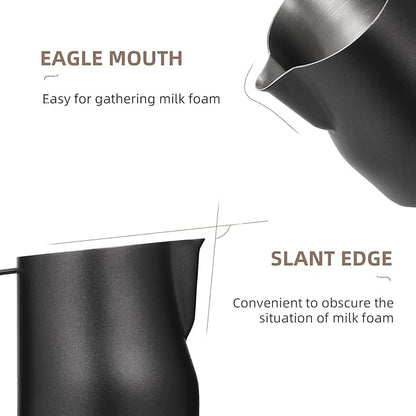 MHW-3BOMBER Milk Frothing Pitcher 12oz Milk Frother Cup Espresso Steaming Pitcher Stainless Steel Milk Frother Cup Barista Latte Art Round Spout Milk Jug, Black P6007MB-OS