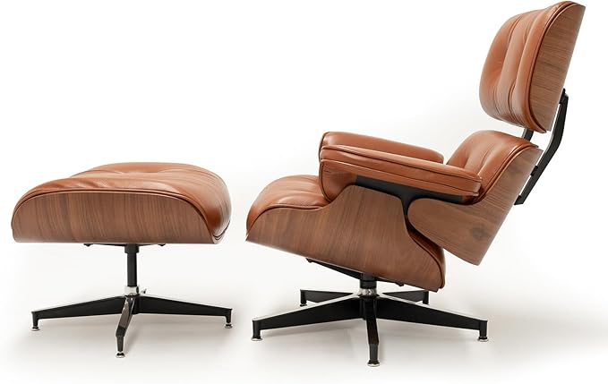 Top Black Grain Leather, Mid Century Chaise Lounge Chair and Ottoman, Modern Chair Classic Design, Heavy Duty Base Support for Living Room Study Lounge Office (Tall, Walnut-Brown)