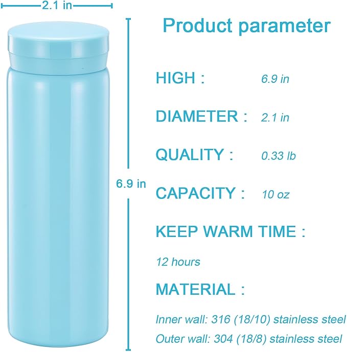 10oz Mini Water Bottle Stainless Steel Thermos Small Flask - Insulated Vacuum, Leak Proof, Keeps Drinks Hot/Cold - Ideal for Coffee, Tea, Water - Light Blue