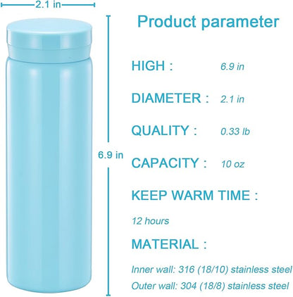 10oz Mini Water Bottle Stainless Steel Thermos Small Flask - Insulated Vacuum, Leak Proof, Keeps Drinks Hot/Cold - Ideal for Coffee, Tea, Water - Light Blue